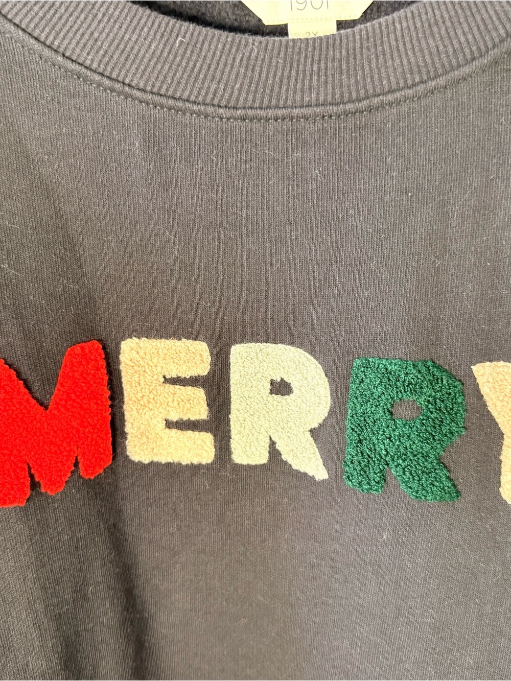 1901 Navy Crewneck Sweatshirt with Multicolor 'MERRY' Embroidery - Picture 3 of 5